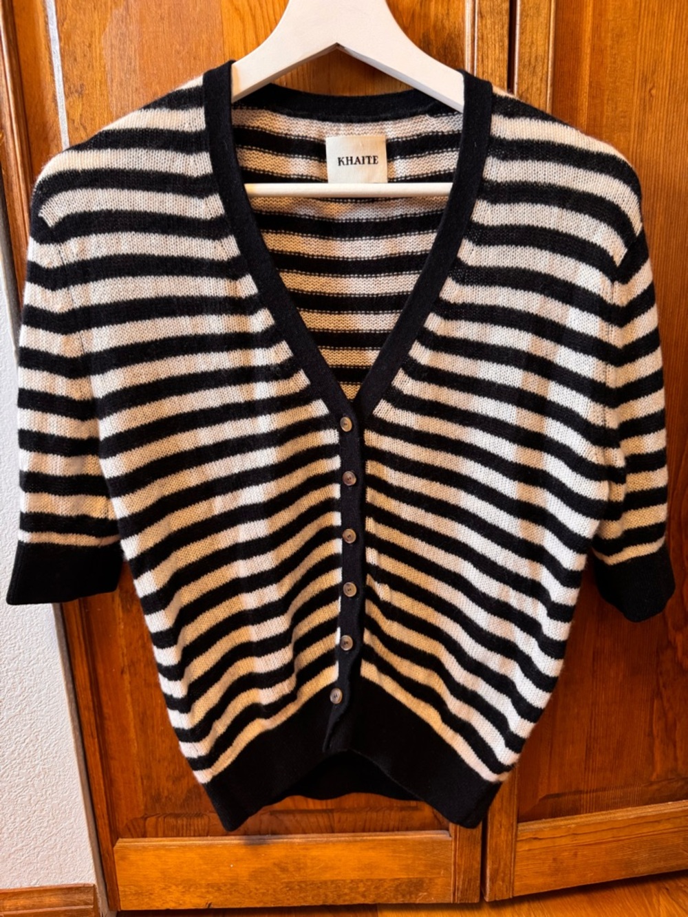 KHAITE Black and White Striped V-Neck Button Cardigan